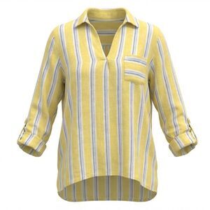 J JILL WOMENS LINEN BLOUSE YELLOW WITH BLUE WHITE STRIPES SIZE L